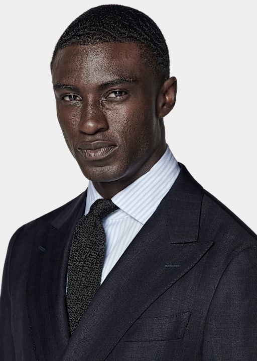 Navy Herringbone Tailored Fit Havana Suit