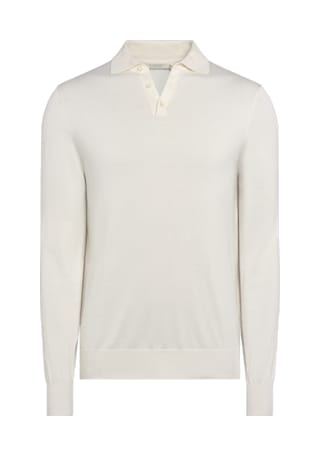 Off-White Long Sleeve Polo Shirt in Californian Cotton & Mulberry Silk ...