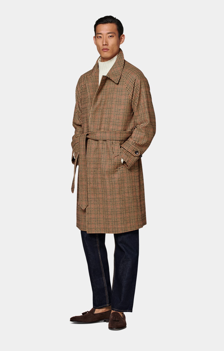 Brown & Red Checked Belted Overcoat