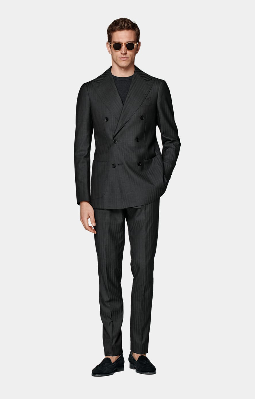 Dark Grey Herringbone Perennial Tailored Fit Havana Suit