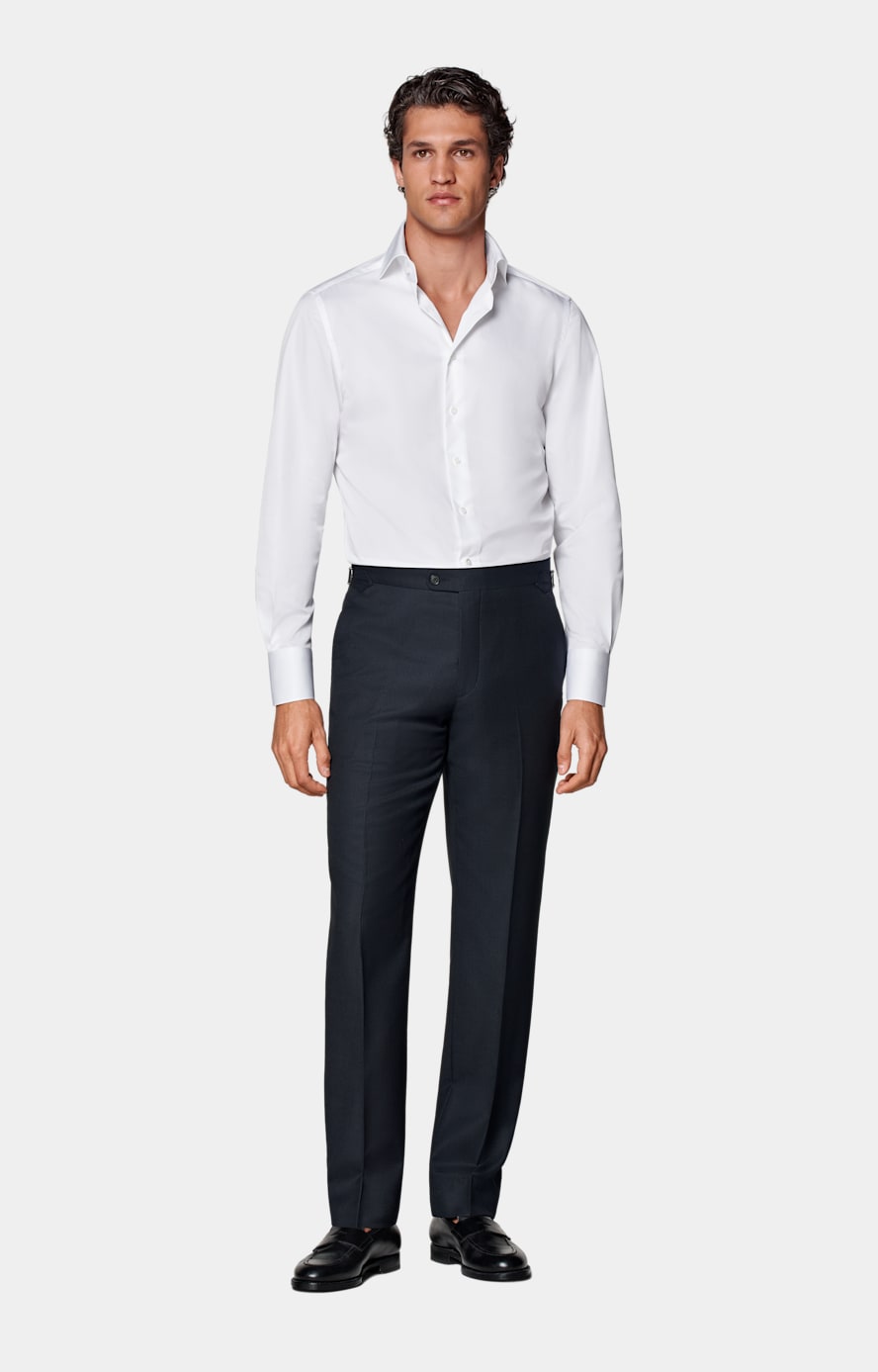 Navy Bird's Eye Slim Leg Straight Suit Trousers