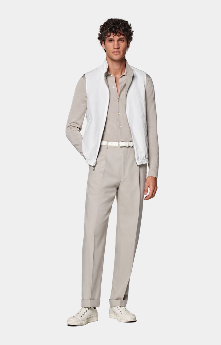 Light Taupe Wide Leg Tapered Suit Trousers