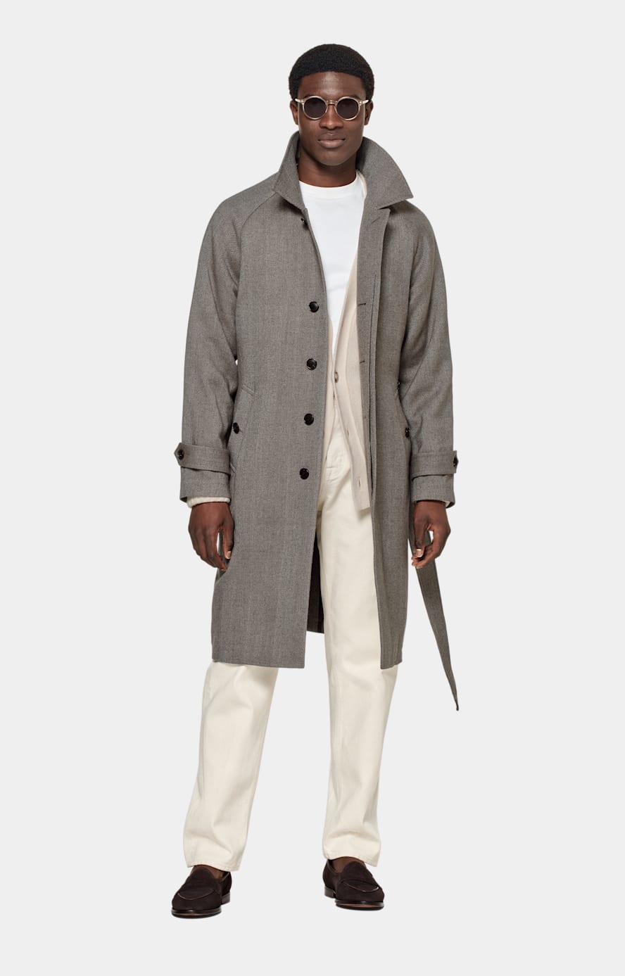 Taupe Herringbone Belted Overcoat