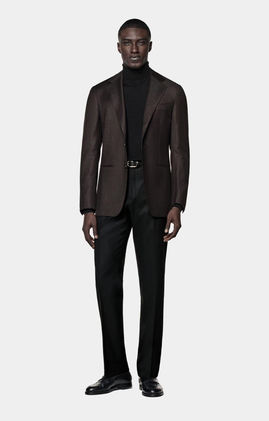 Dark Brown Houndstooth Tailored Fit Havana Blazer in Wool
