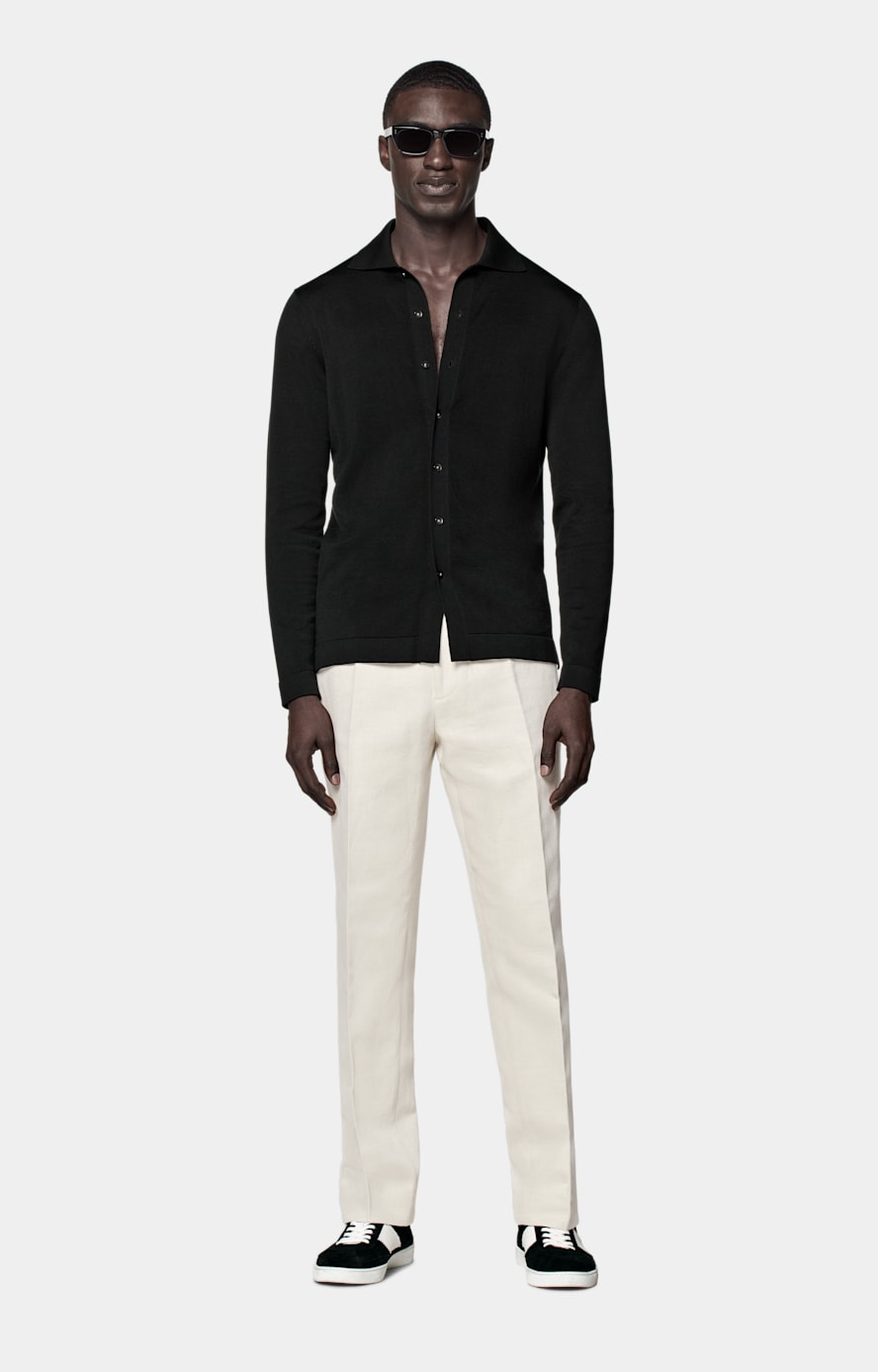 Black Long Sleeve Polo Cardigan in Californian Cotton & Mulberry Silk ...