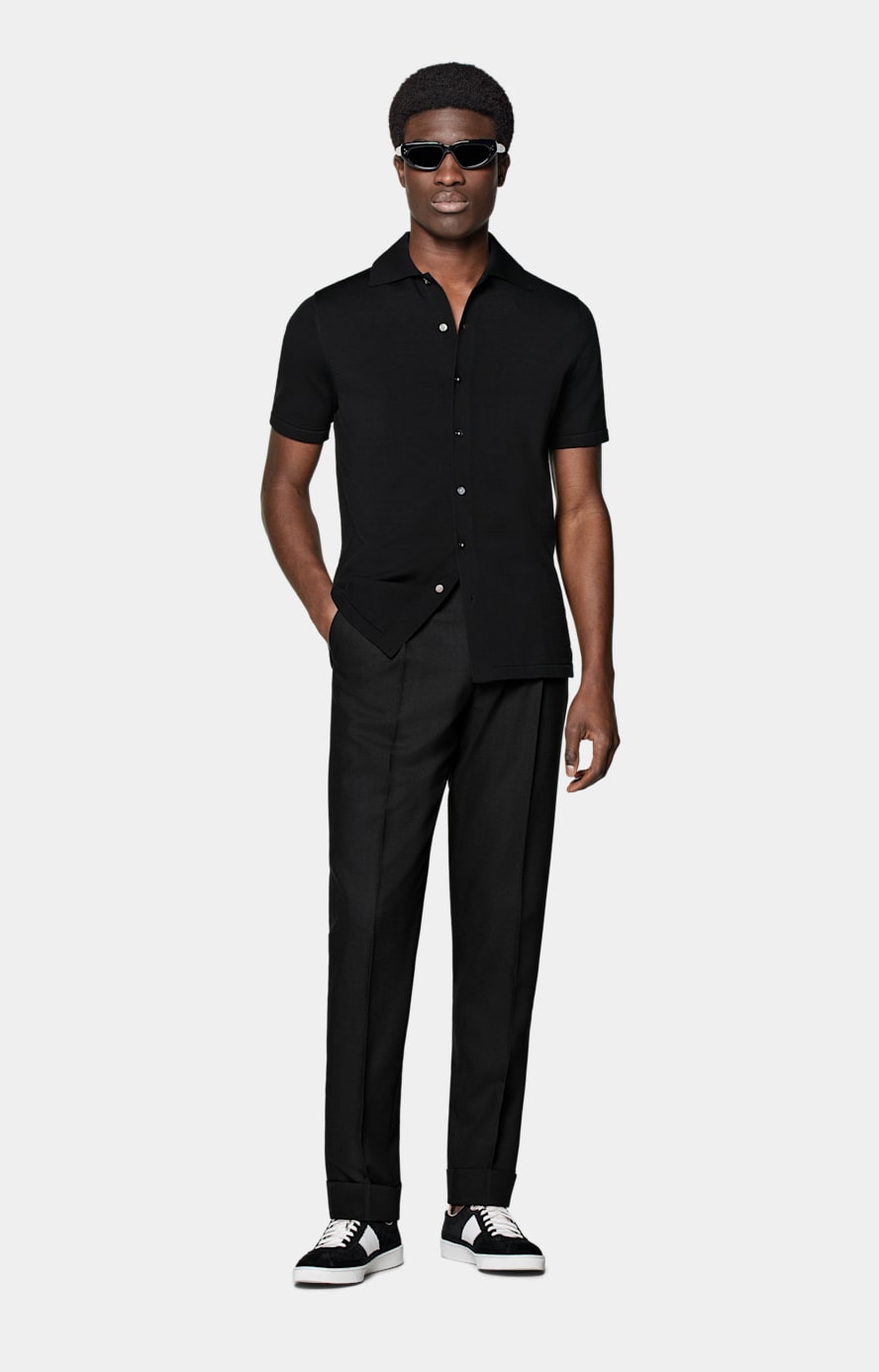 Black Polo Cardigan in Californian Cotton & Mulberry Silk | SUITSUPPLY ...