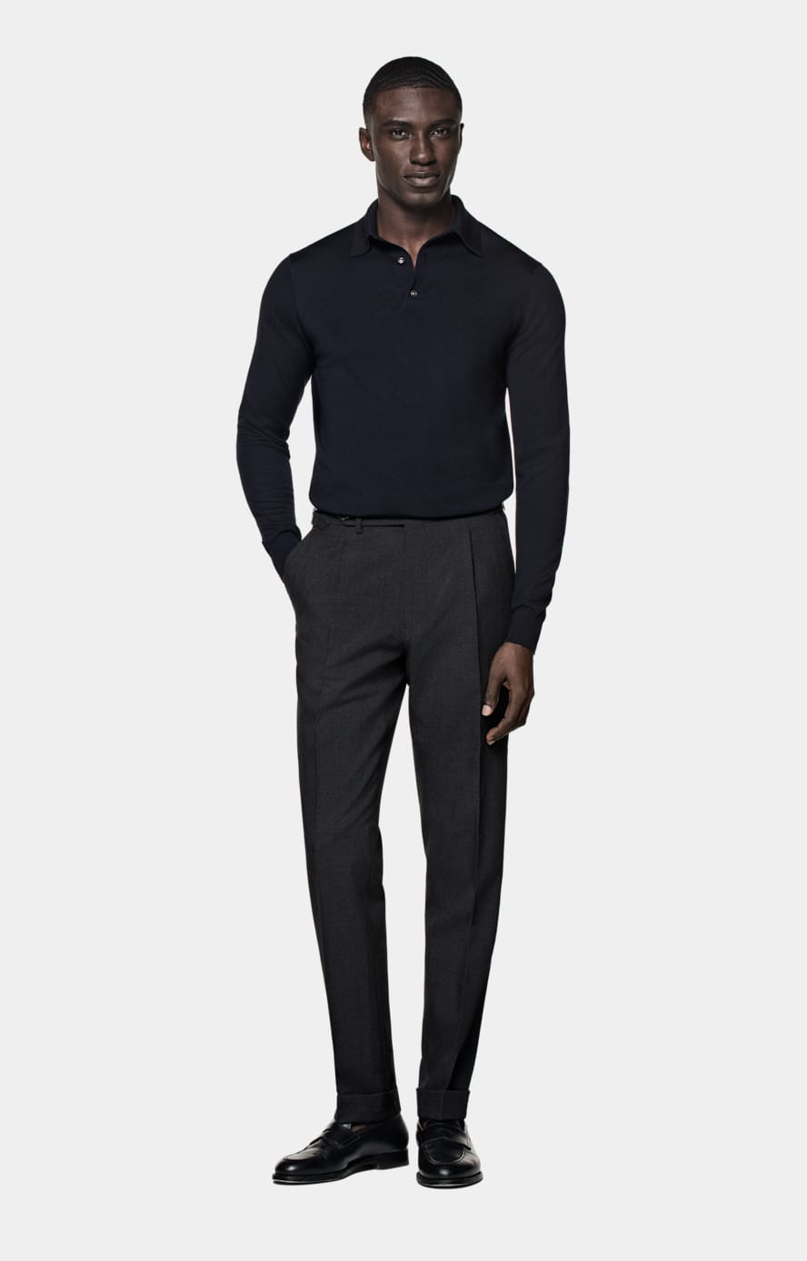 Navy Merino Long Sleeve Polo in Pure Wool SUITSUPPLY Canada