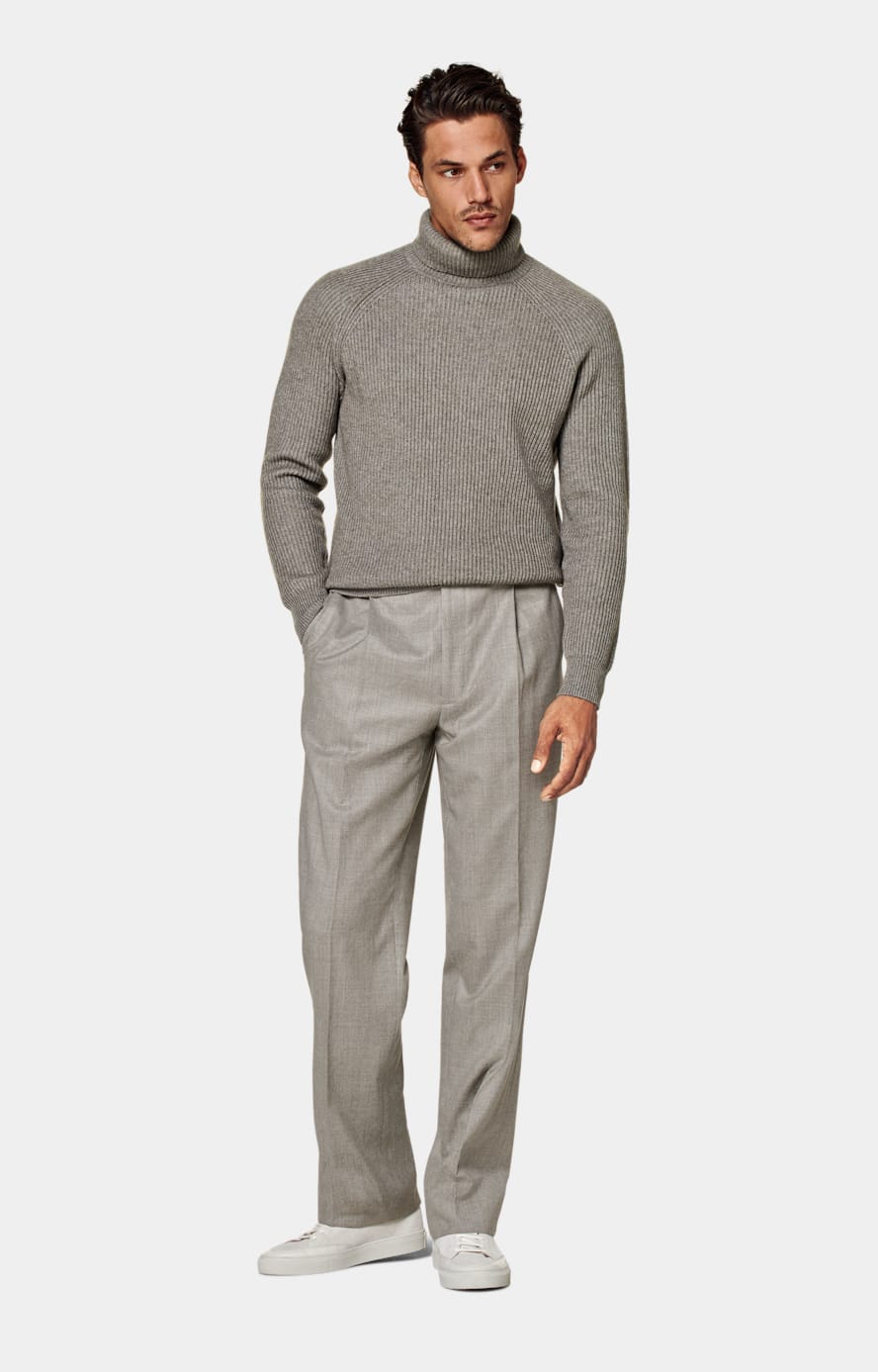 Taupe Ribbed Turtleneck in Wool & Cashmere | SUITSUPPLY US