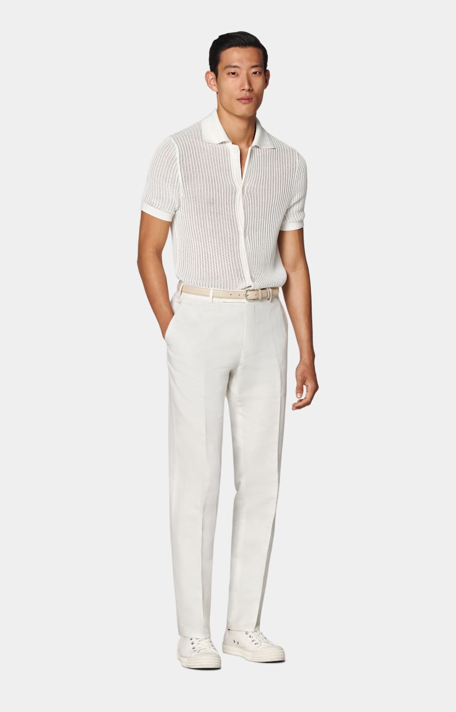 Off White Crochet Polo Cardigan in Californian Cotton Mulberry Silk SUITSUPPLY US