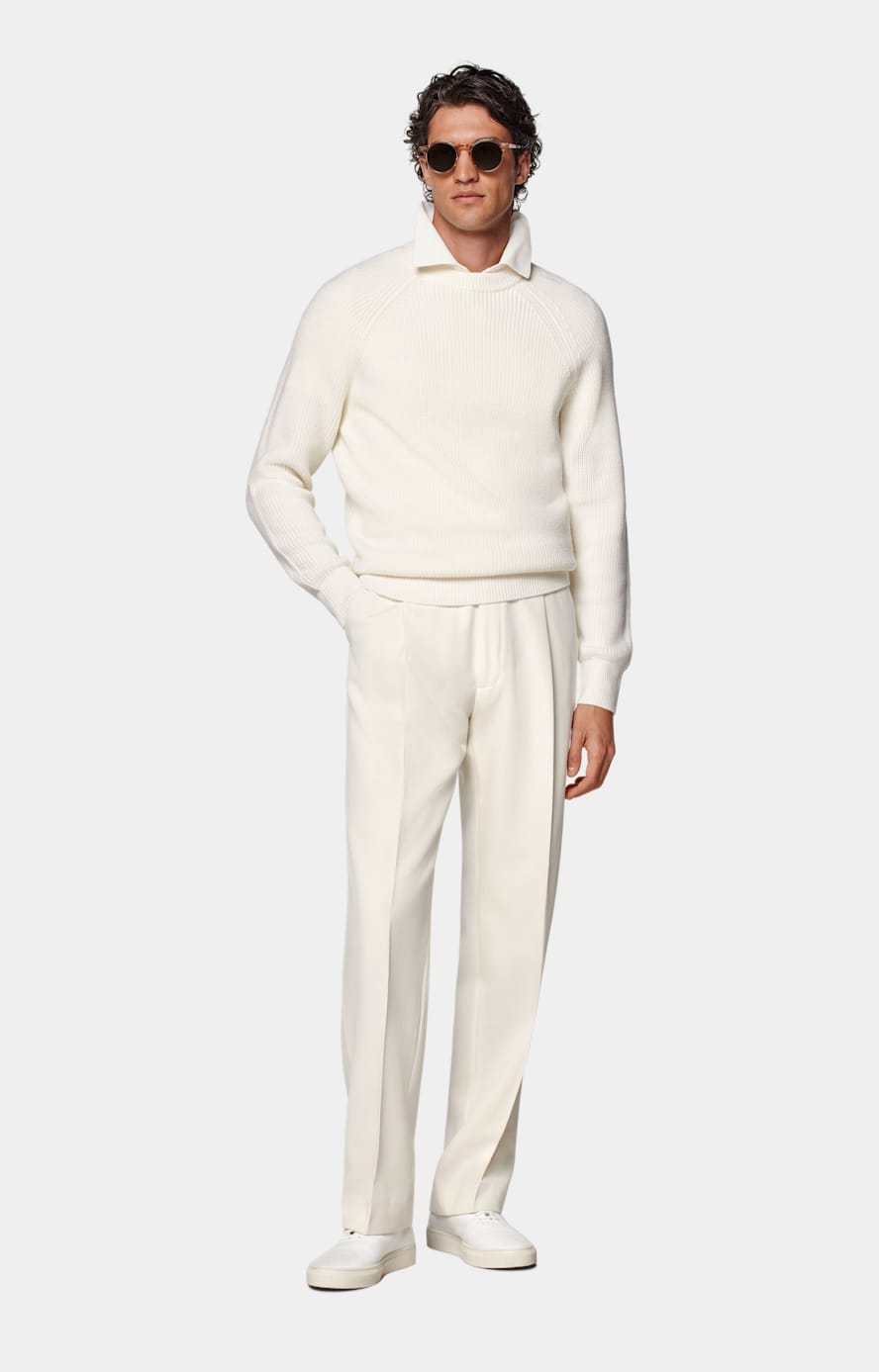 Merino Rundhalspullover off-white Rippstrick