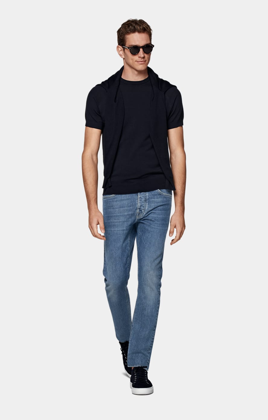 Mid Blue Slim Leg Tapered Jeans
