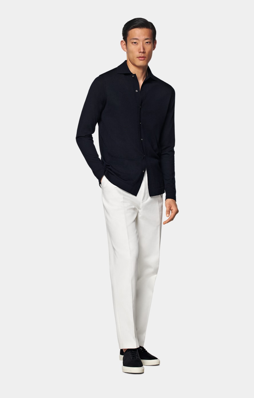 Navy Merino Long Sleeve Polo Cardigan