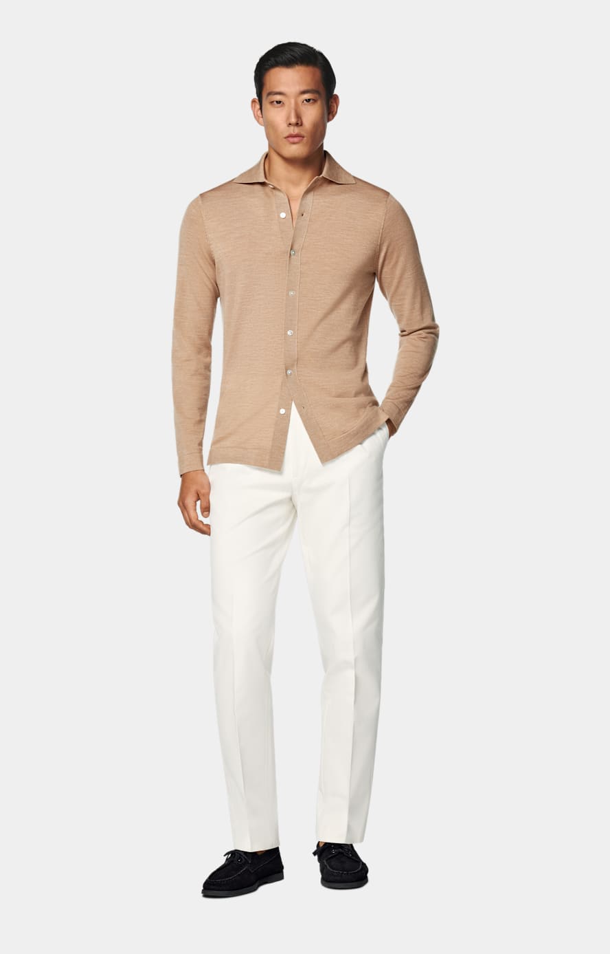 Mid Brown Merino Long Sleeve Polo Cardigan