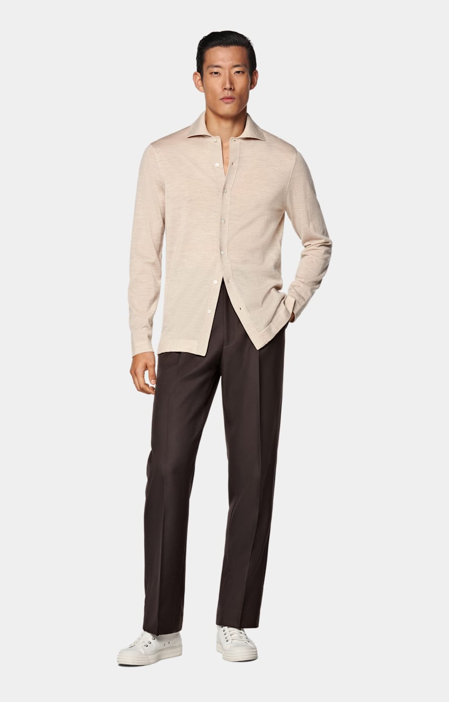 Sand Merino Long Sleeve Polo Cardigan