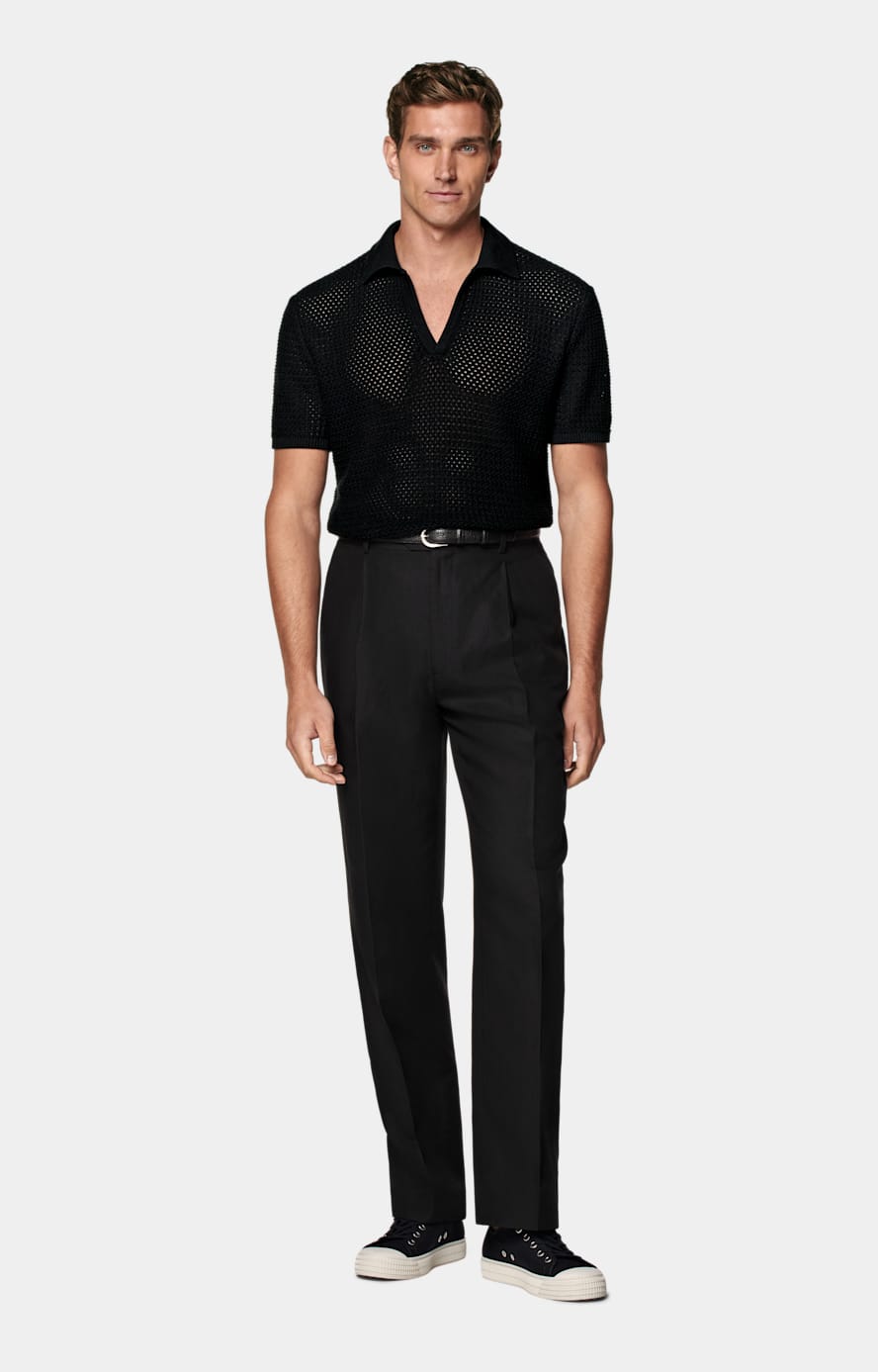 Black Crochet Buttonless Polo