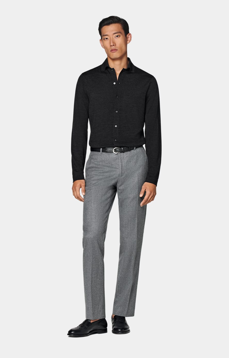 Dark Grey Merino Long Sleeve Polo Cardigan