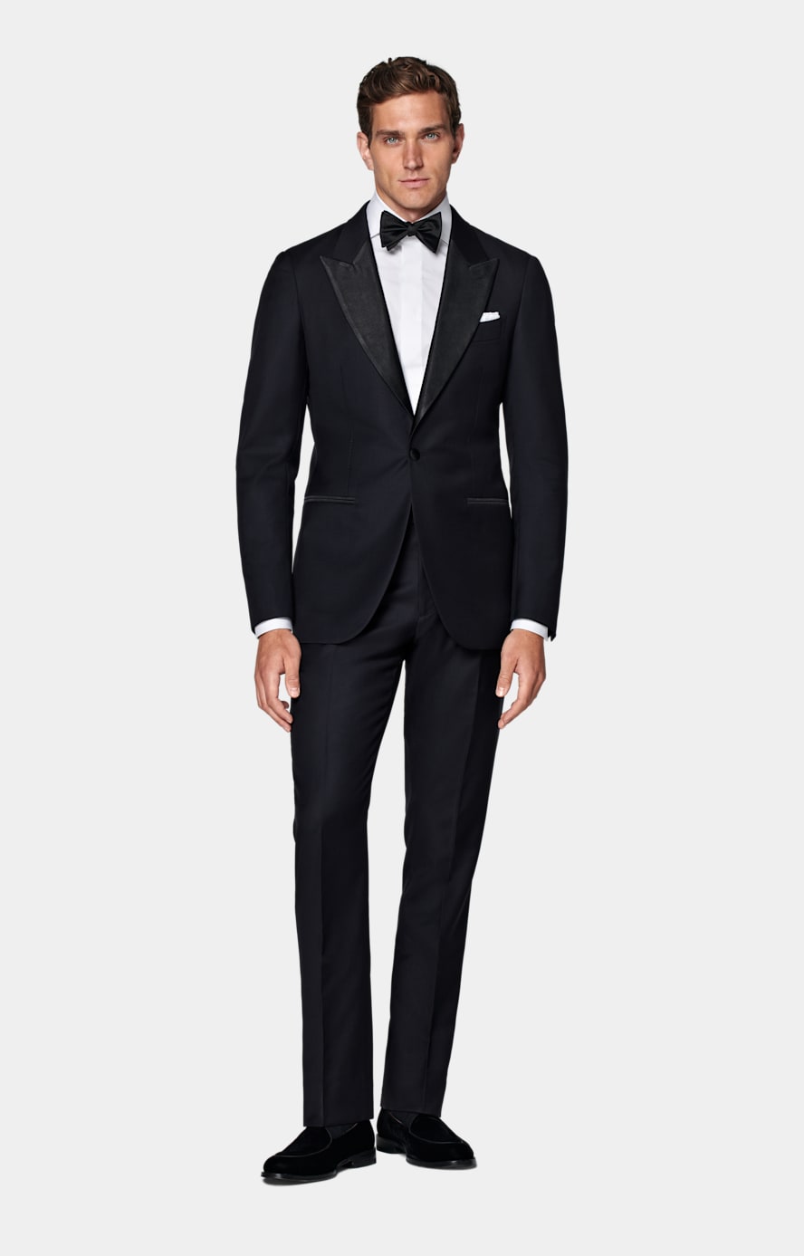 Navy Slim Leg Straight Tuxedo Trousers