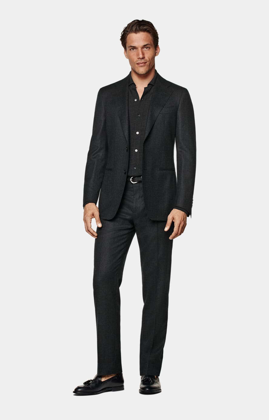 Dark Grey Slim Leg Tapered Pants in Wrinkle-Free 4-Ply Wool