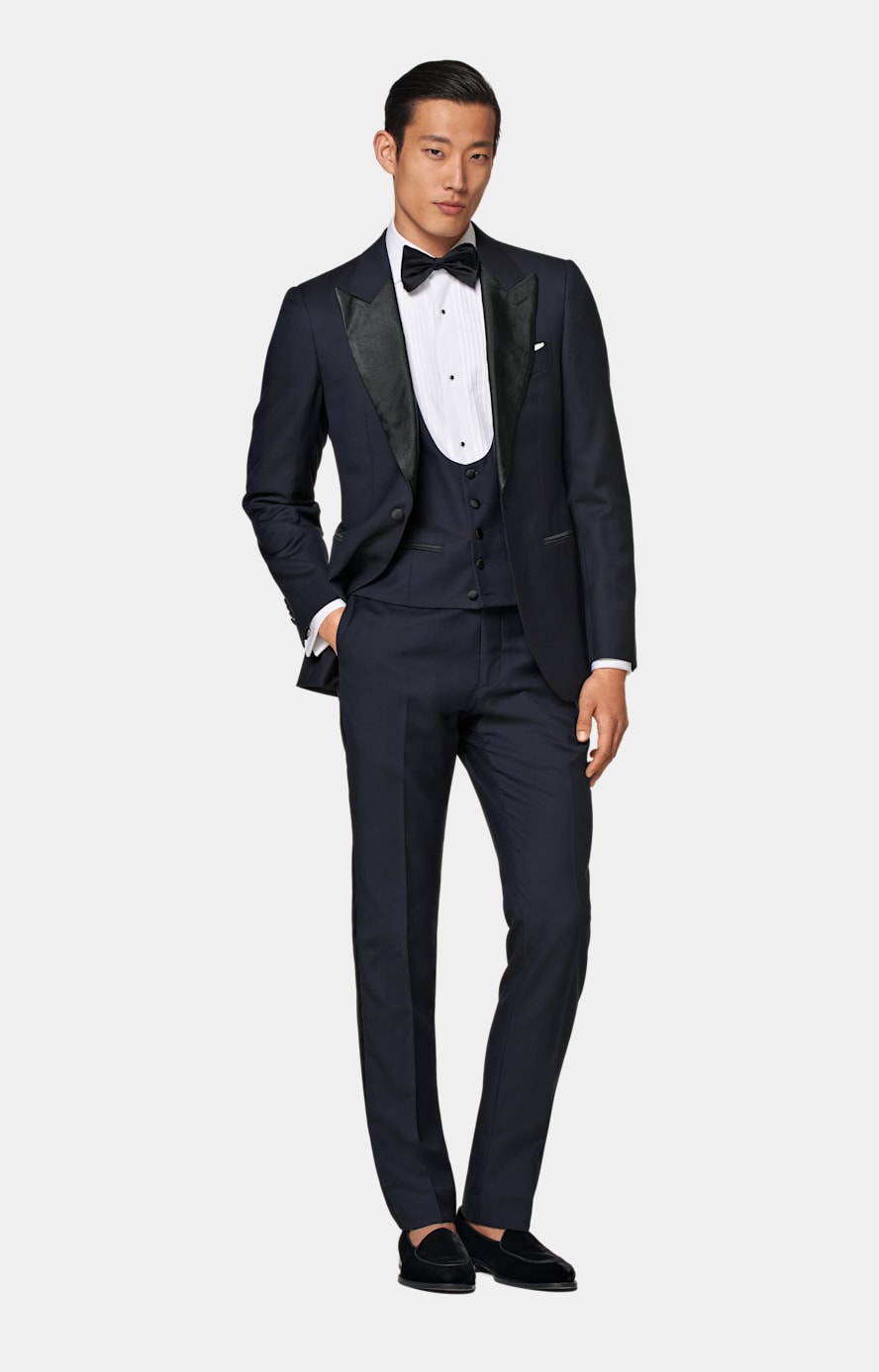 Navy Slim Leg Straight Tuxedo Trousers