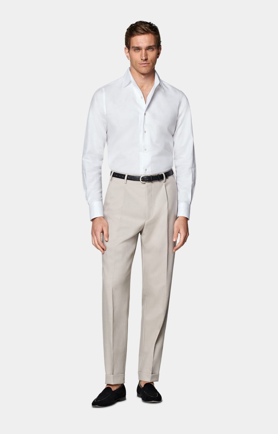 Light Taupe Wide Leg Tapered Trousers