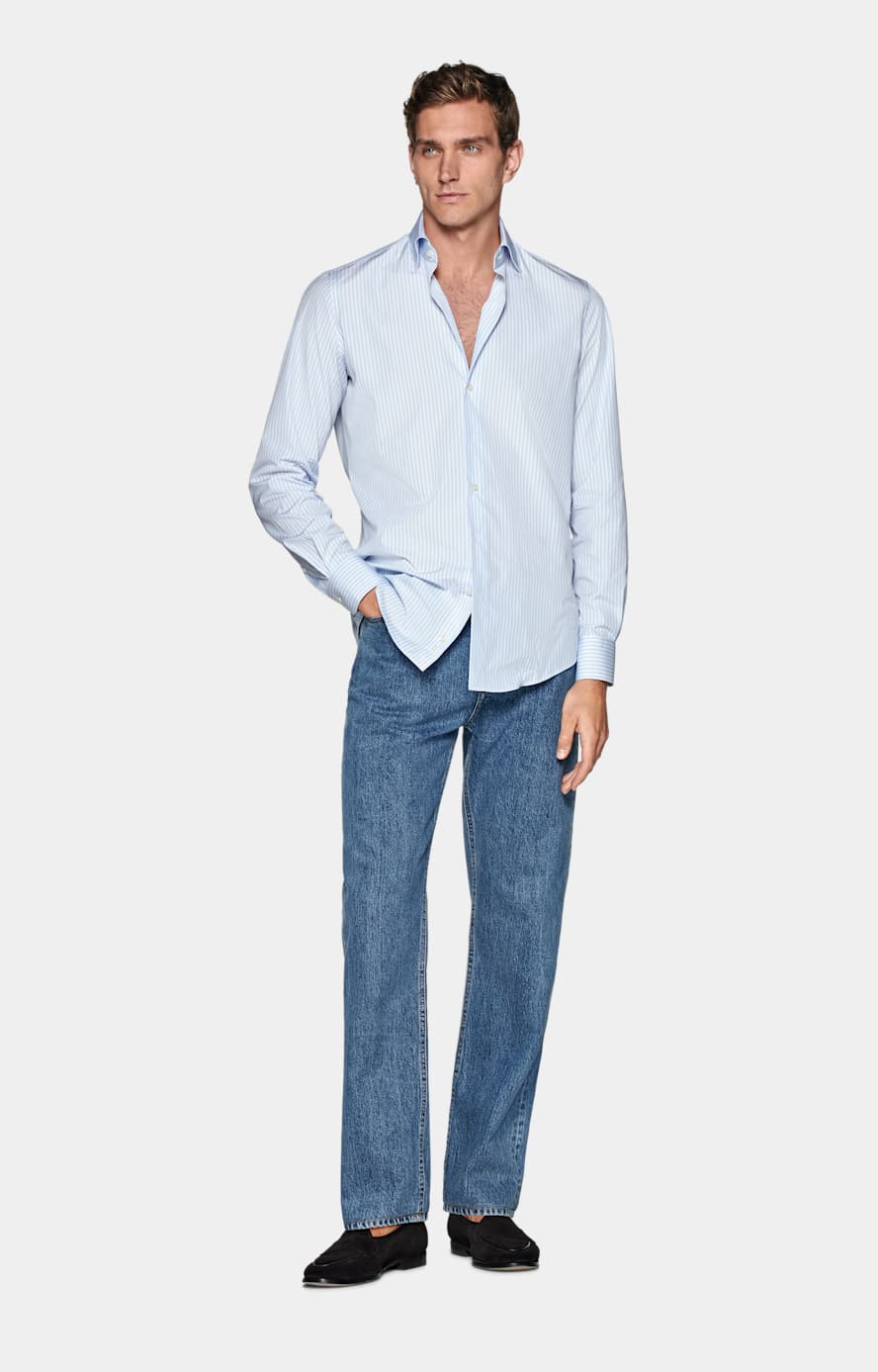 Popeline Hemd hellblau gestreift Slim Fit