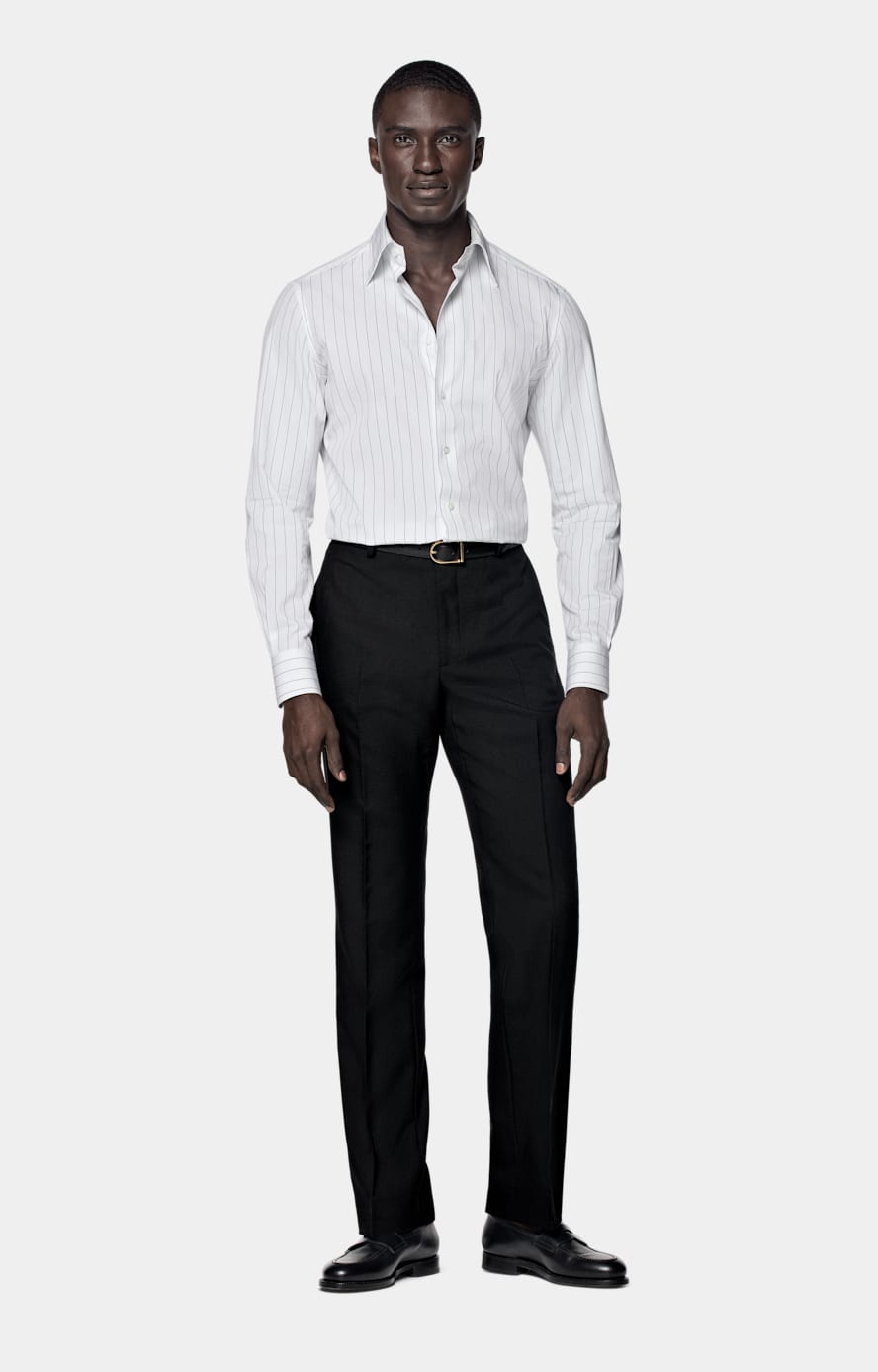 White Striped Point Collar Tailored Fit Shirt