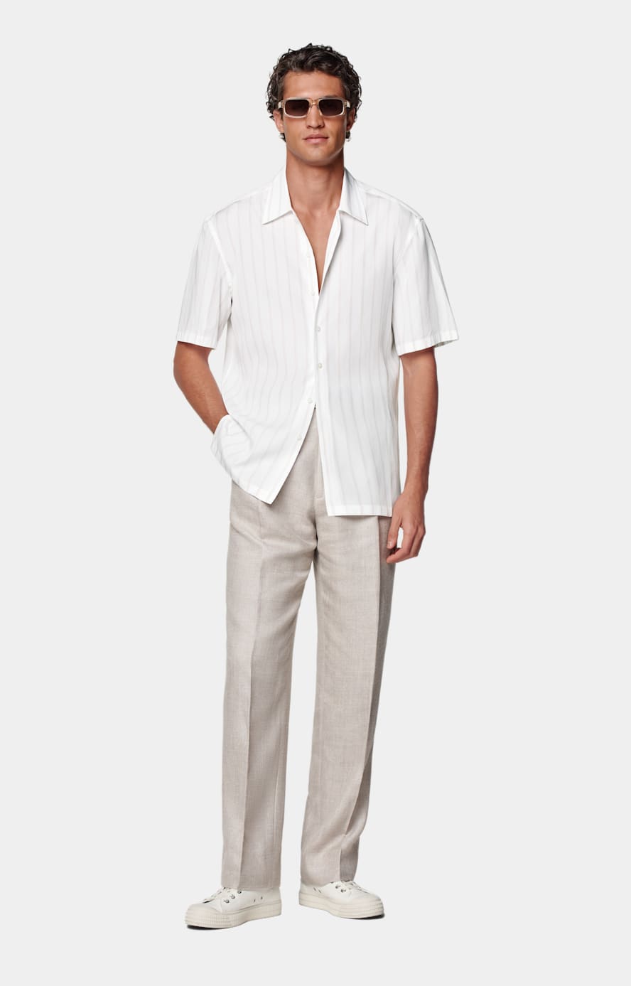 White Striped Tailored Fit Short Sleeve Shirt