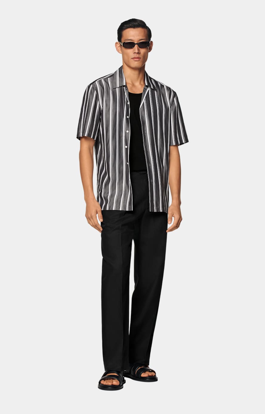 Black Striped Tailored Fit Short Sleeve Shirt