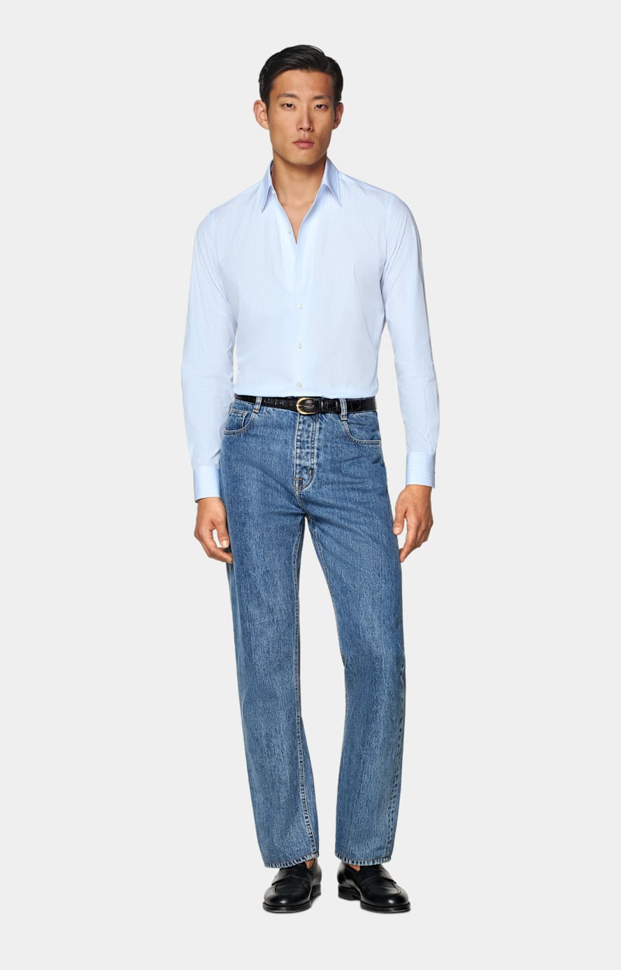 Light Blue Striped Classic Collar One Piece Tailored Fit Shirt