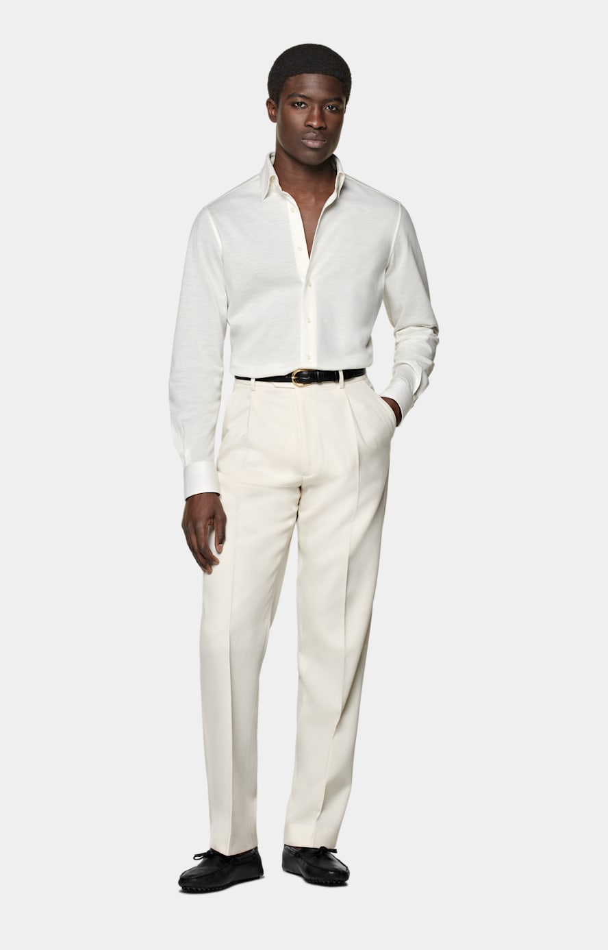 Off White Tailored Fit Shirt in Knitted Egyptian Cotton SUITSUPPLY SUITSUPPLY US
