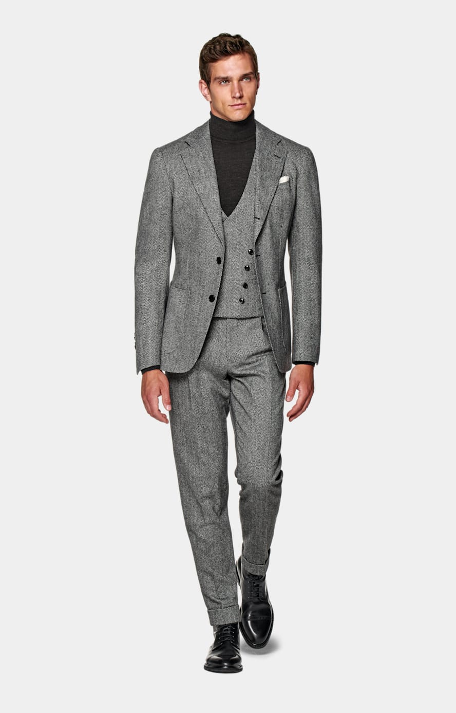 Mid Grey Herringbone Three-Piece Tailored Fit Havana Suit