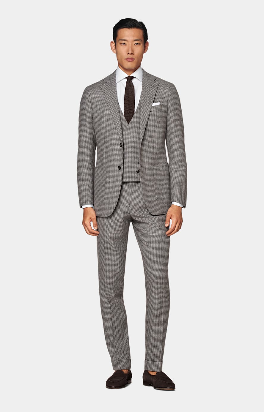 Taupe Houndstooth Three-Piece Tailored Fit Havana Suit