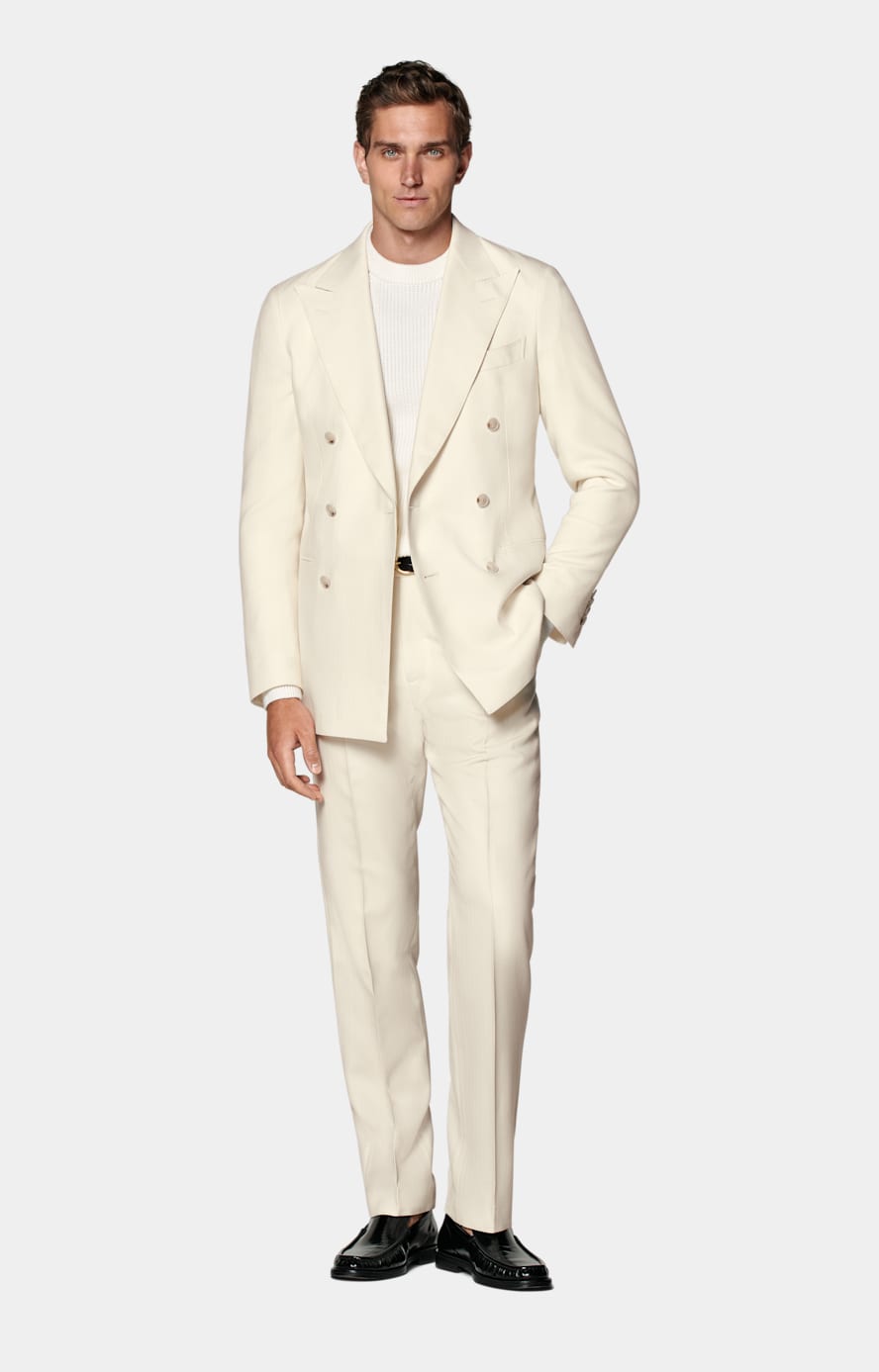 Havana Anzug off-white Fischgrätmuster Tailored Fit