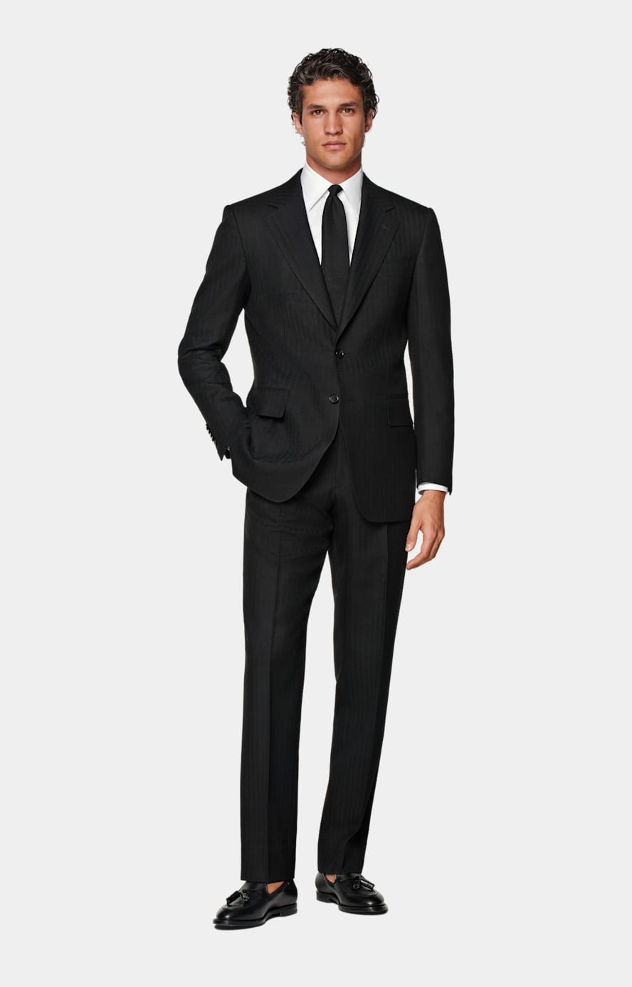 Black Herringbone Tailored Fit Milano Suit