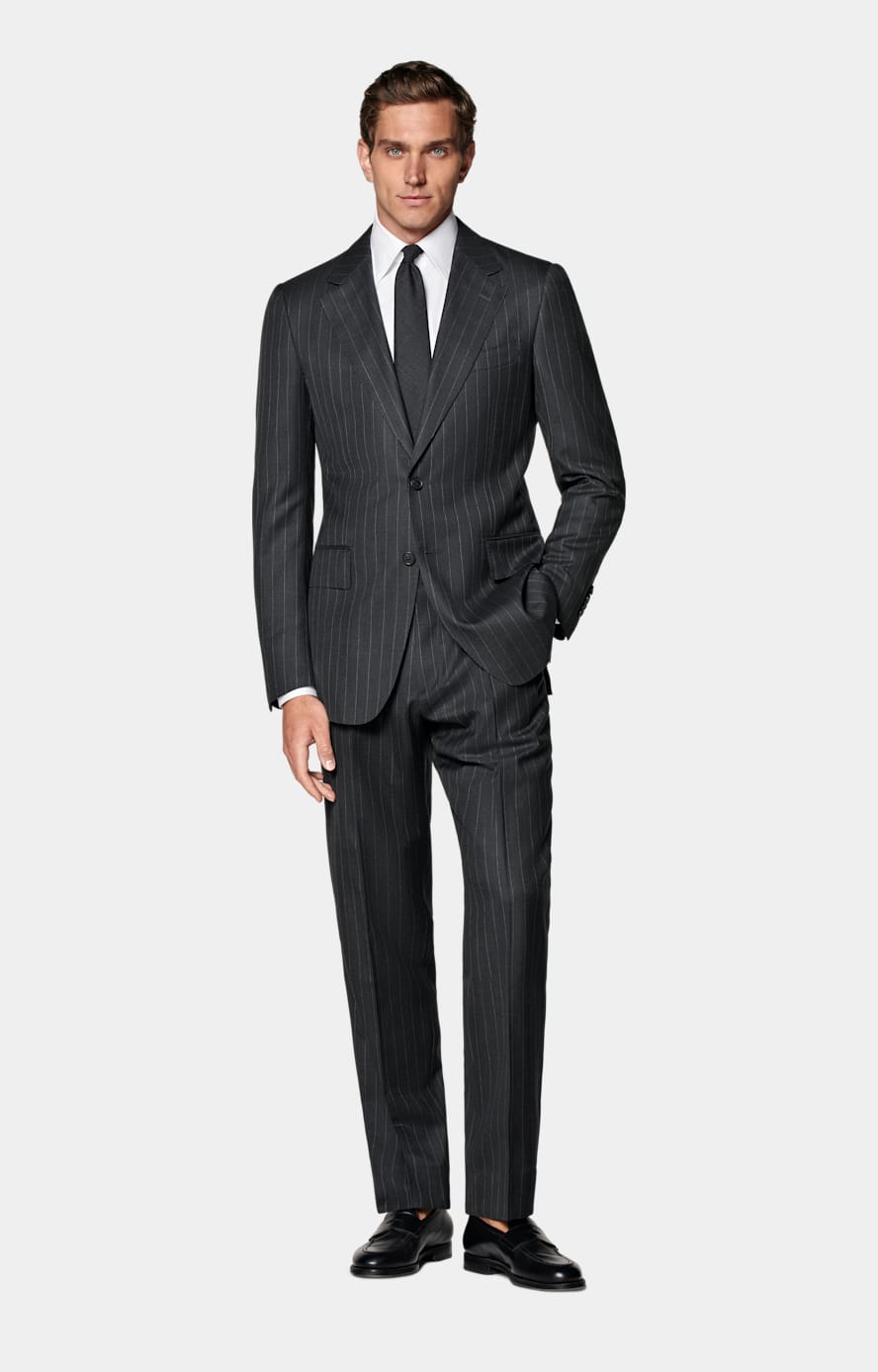 Dark Grey Striped Tailored Fit Milano Suit