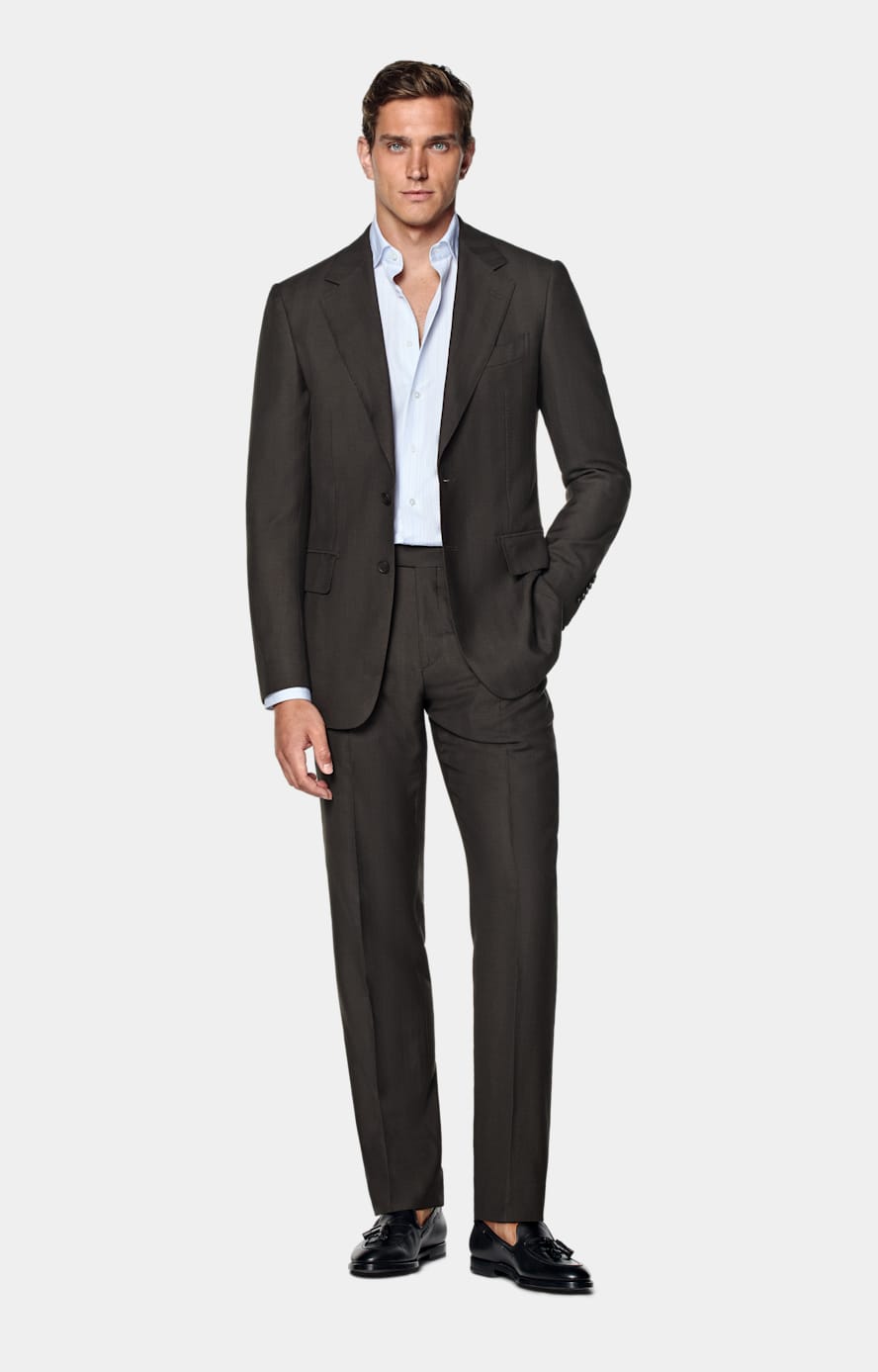 Dark Brown Herringbone Tailored Fit Milano Suit