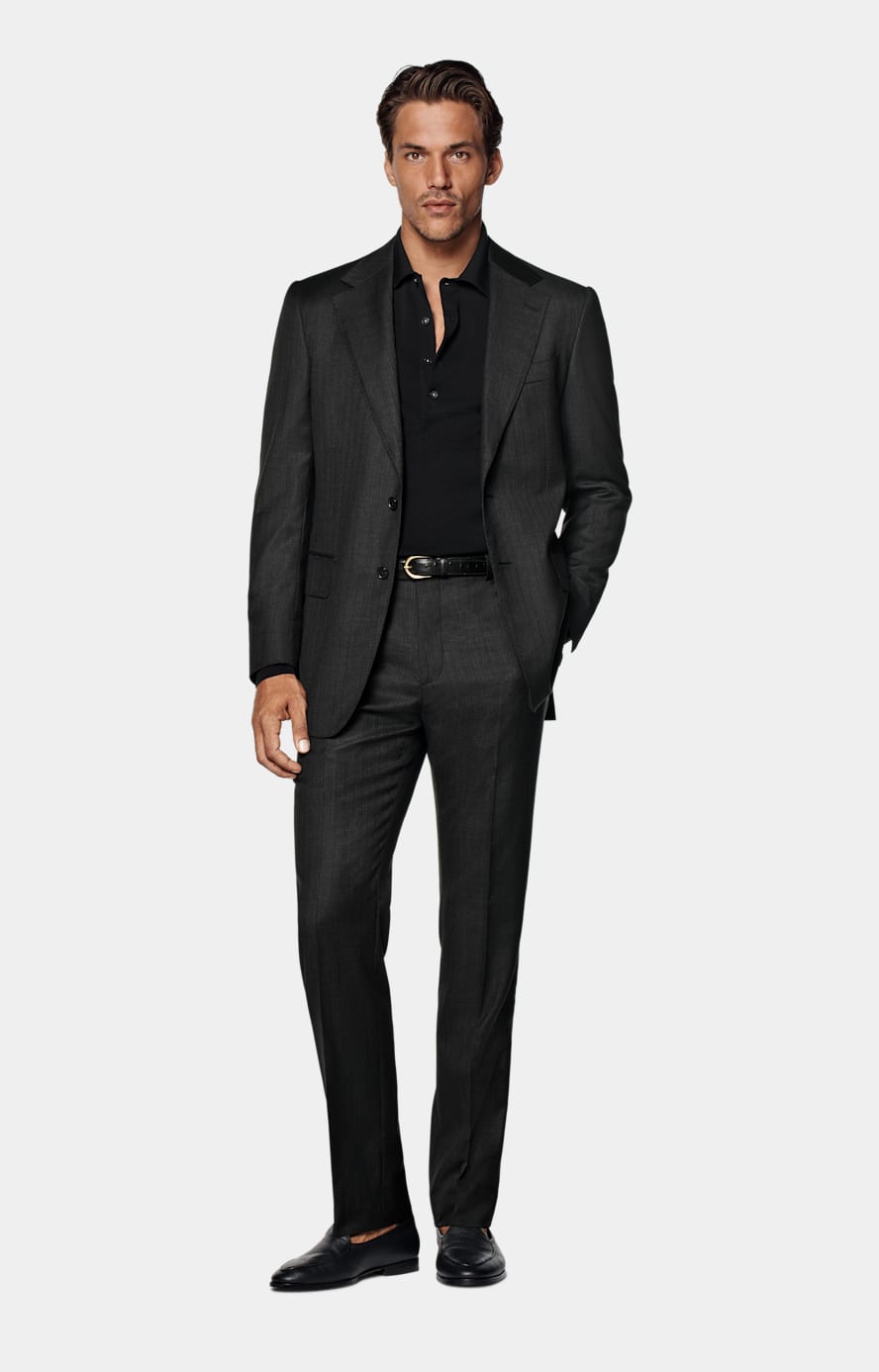 Dark Grey Striped Tailored Fit Milano Suit