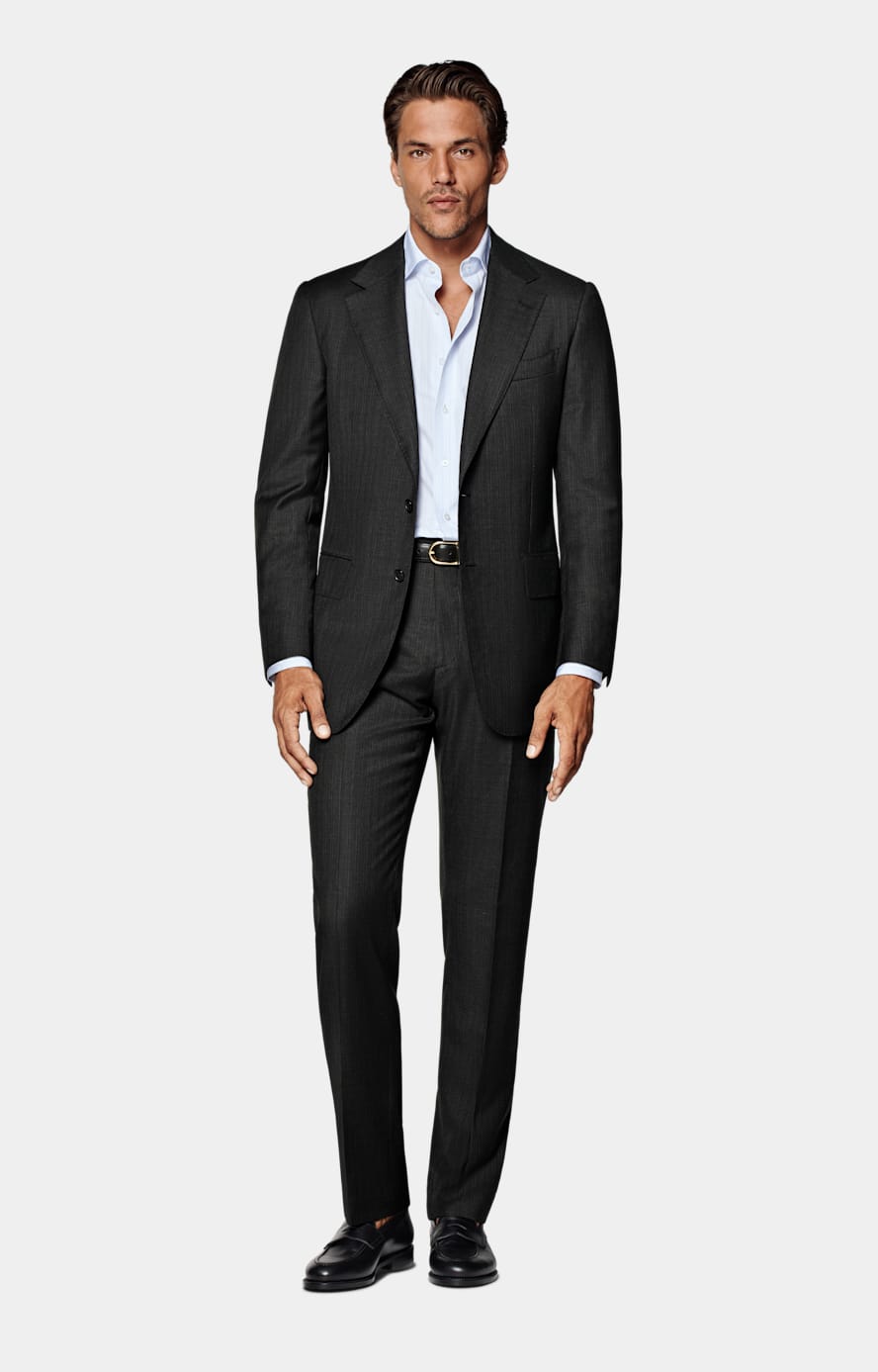 Dark Grey Striped Tailored Fit Milano Suit
