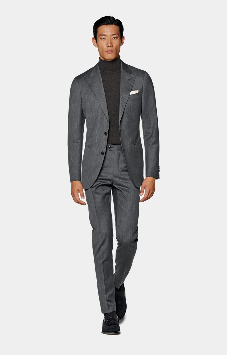 Dark Grey Herringbone Perennial Tailored Fit Havana Suit