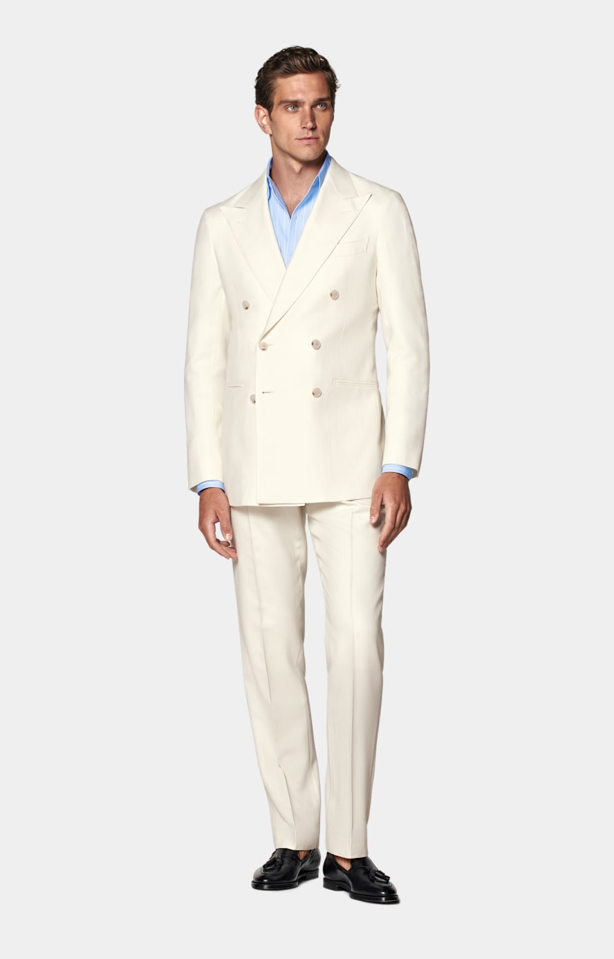 Havana Anzug off-white Fischgrätmuster Tailored Fit
