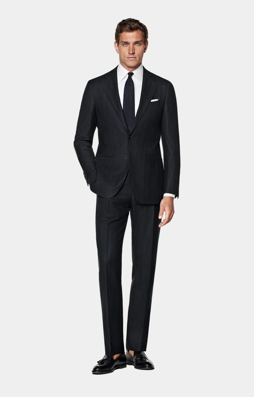 Navy Herringbone Tailored Fit Havana Suit