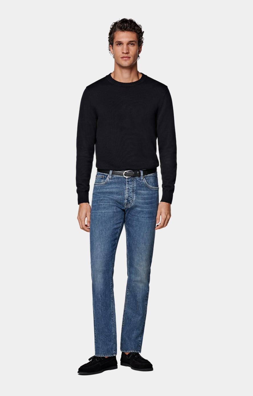 Mid Blue Slim Leg Tapered Jeans