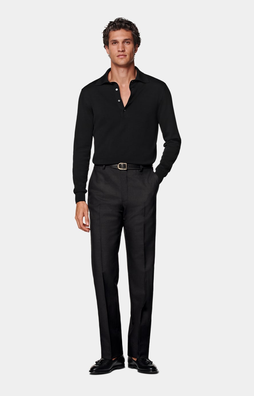 Black Straight Leg Suit Trousers in Wrinkle-Free 4-Ply Wool