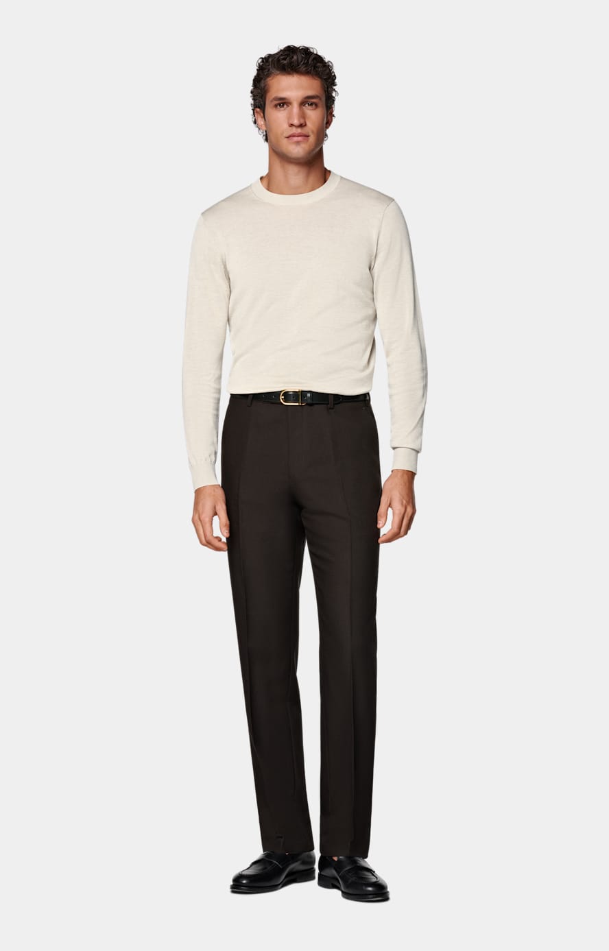 Dark Brown Straight Leg Pants in Wrinkle-Free 4-Ply Wool