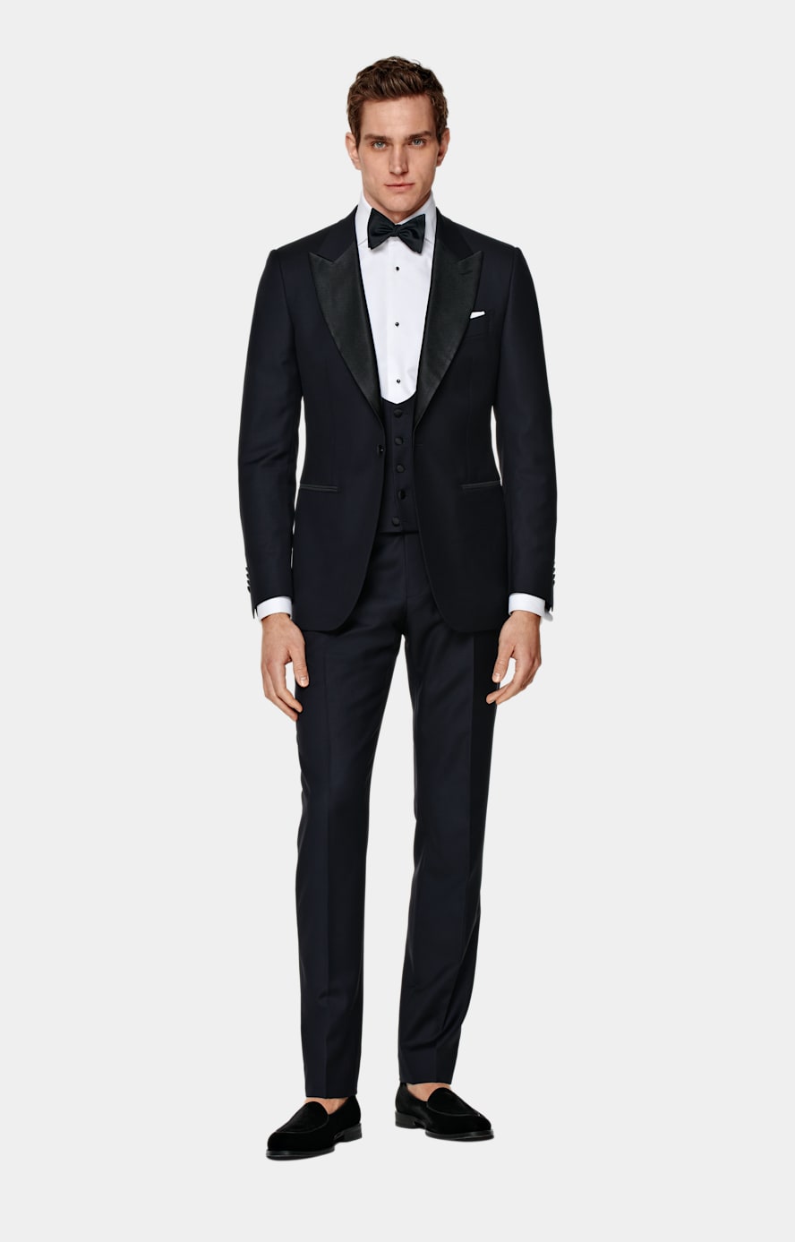 Navy Slim Leg Straight Tuxedo Trousers