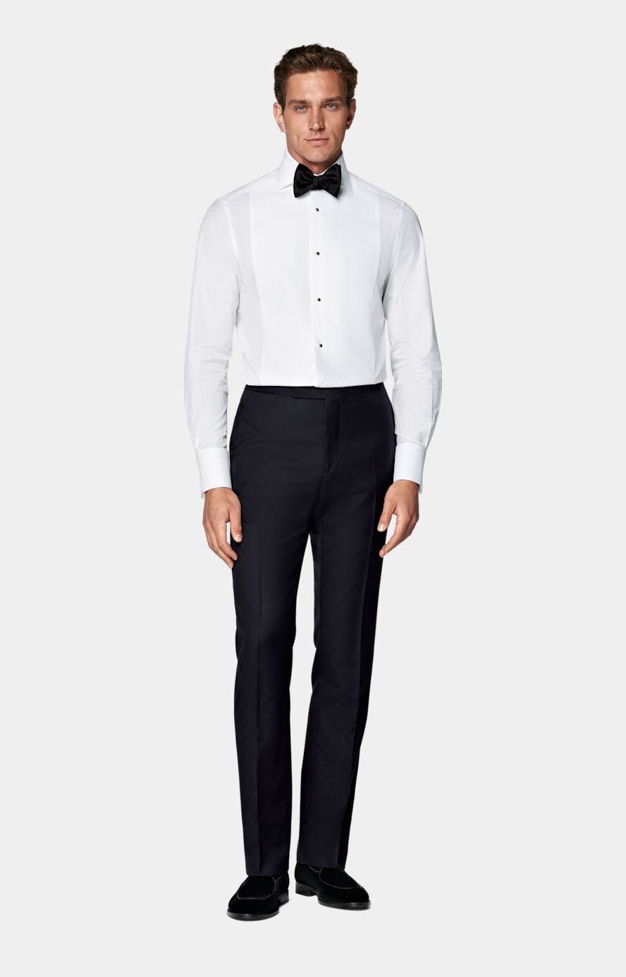 Navy Slim Leg Straight Tuxedo Trousers