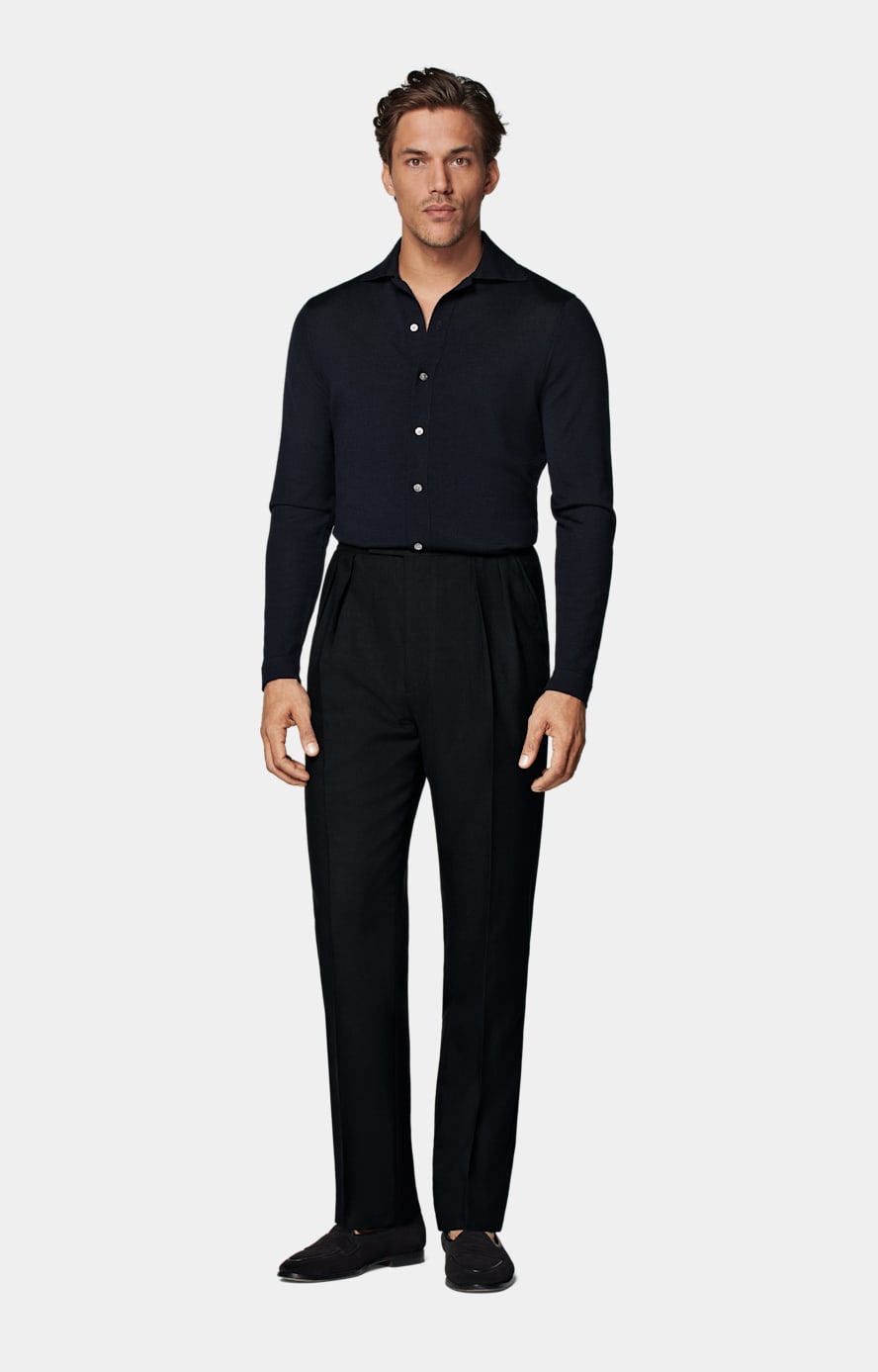 Black Wide Leg Tapered Pants in Pure 4-Ply Traveller Wool | SUITSUPPLY |  SUITSUPPLY US