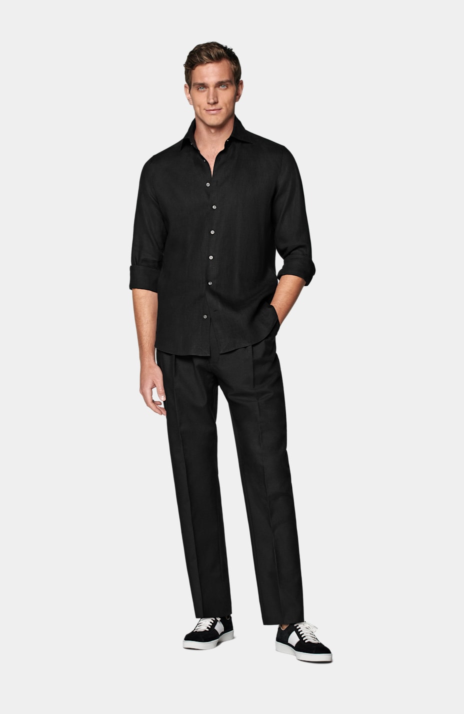 Black Slim Fit Shirt in Pure Linen SUITSUPPLY US
