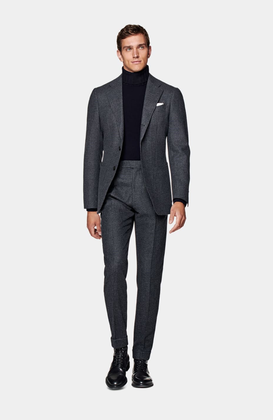 Dark Grey Checked Havana Suit in Wool Cashmere