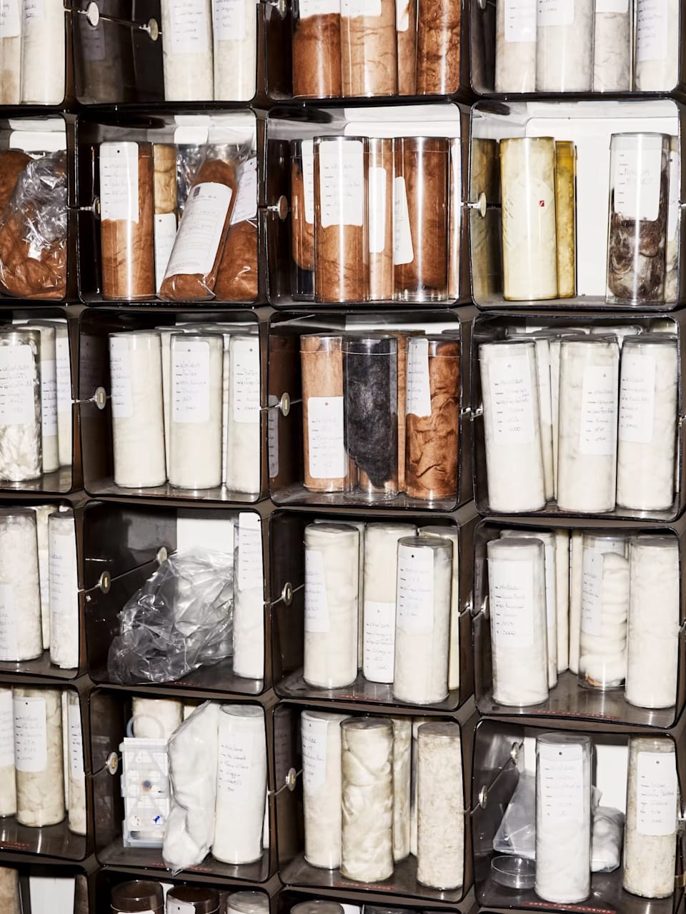 Fabric samples on shelves at the Piacenza mill